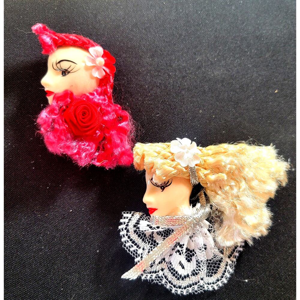 Glamour Lady Head Brooch Face  Lot of 2 Red White and Silver With Gift Boxes